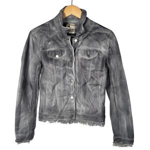 JKT NYC Womens Grey Genuine Leather Fringed Jacket Size XS 'Alexa‎ Patina' Moto
